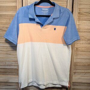 Izod Polo Advantage Performance Stretch Blue and Peach Color Block Medium